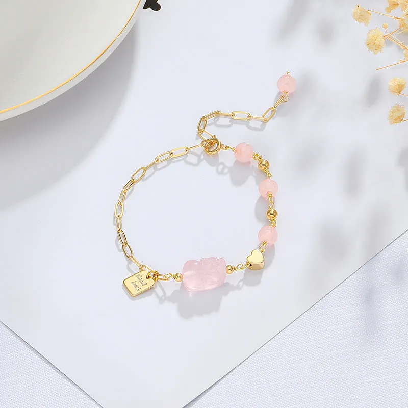 Korean Edition Pink Crystal Bracelet with Pixiu Love Symbol