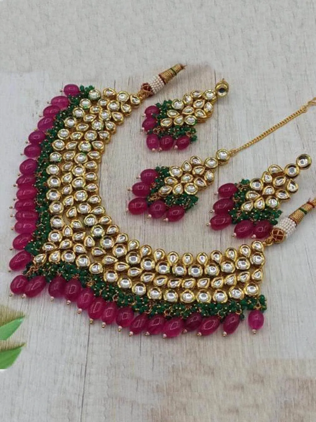 Kundan Beads Fine Necklace Earring And Teeka Set