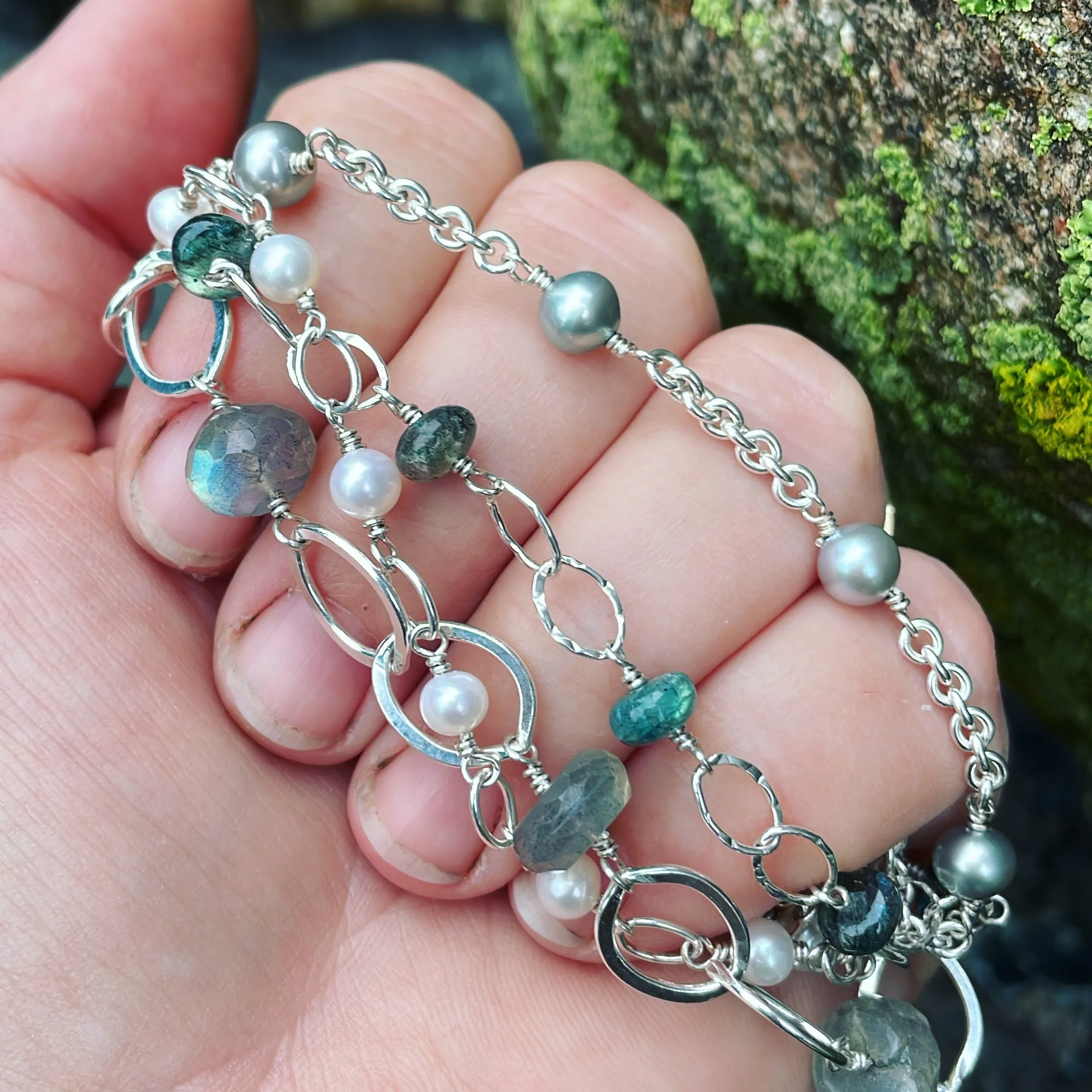 Labradorite, Pearl and Sterling Silver Multi Strand Bracelet