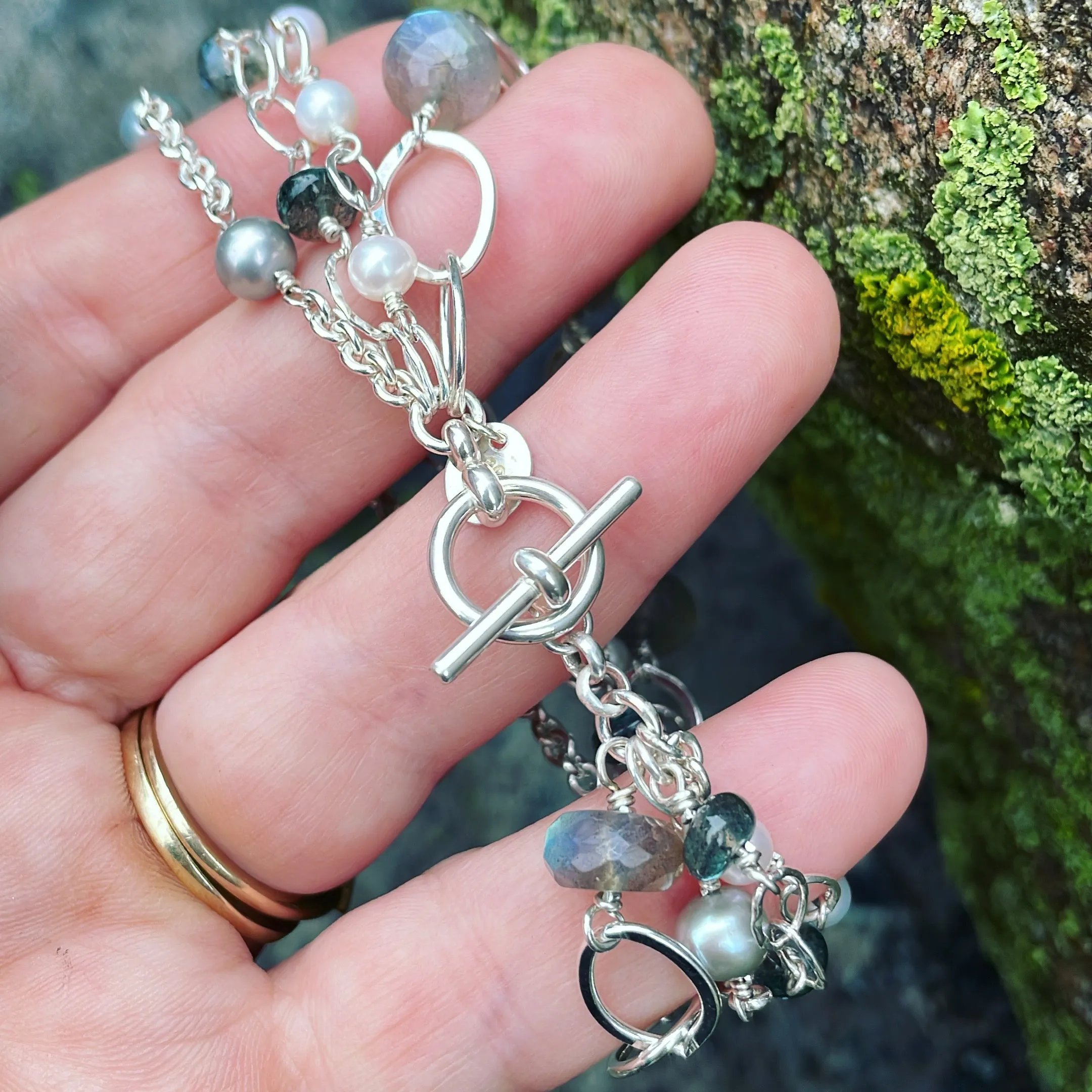 Labradorite, Pearl and Sterling Silver Multi Strand Bracelet