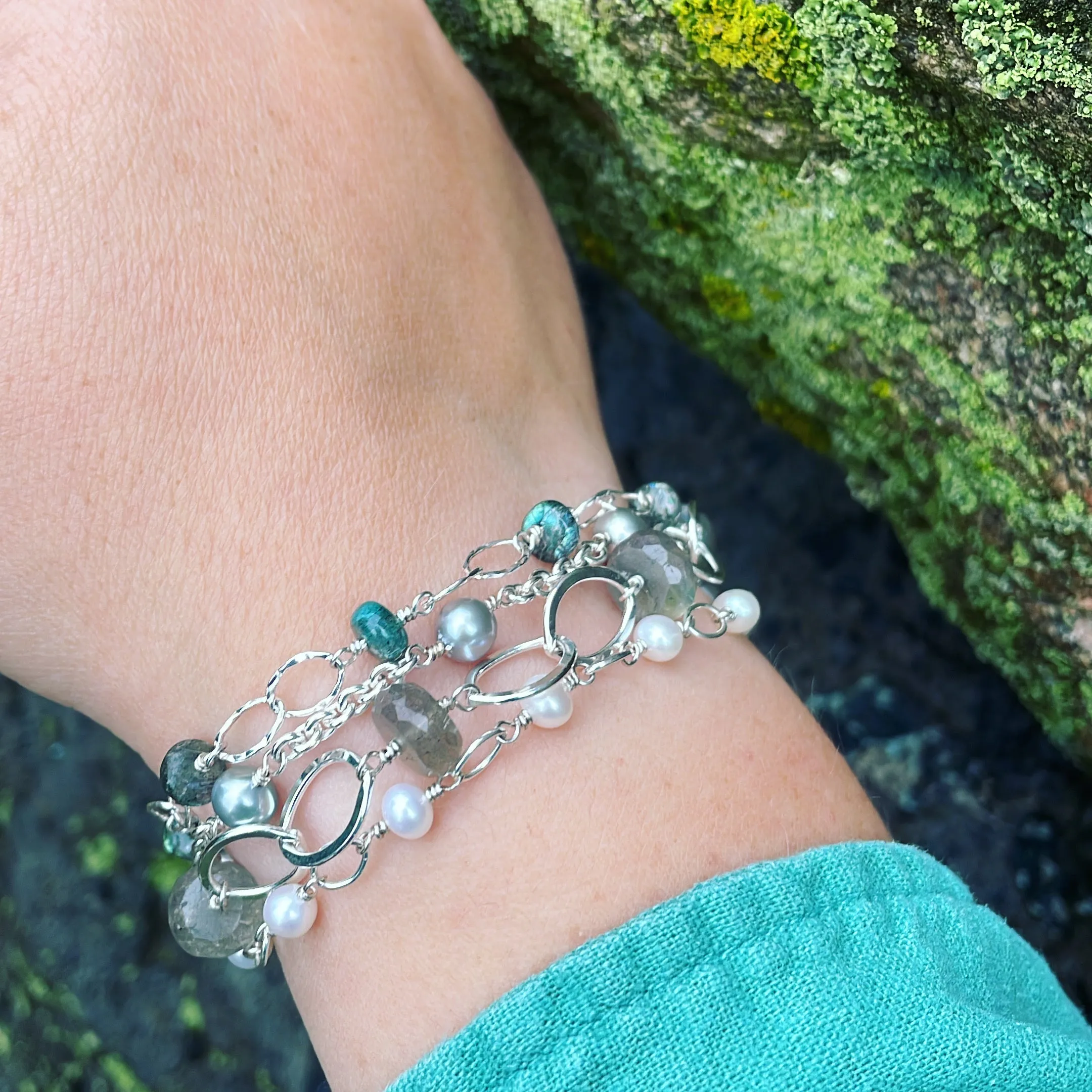 Labradorite, Pearl and Sterling Silver Multi Strand Bracelet