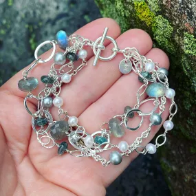 Labradorite, Pearl and Sterling Silver Multi Strand Bracelet