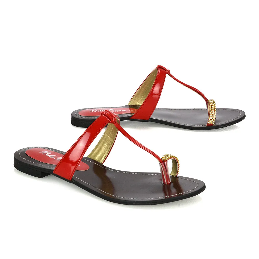 Lala Flat Strappy Diamante Detail Toe Ring Slider Summer Sandals in Orange