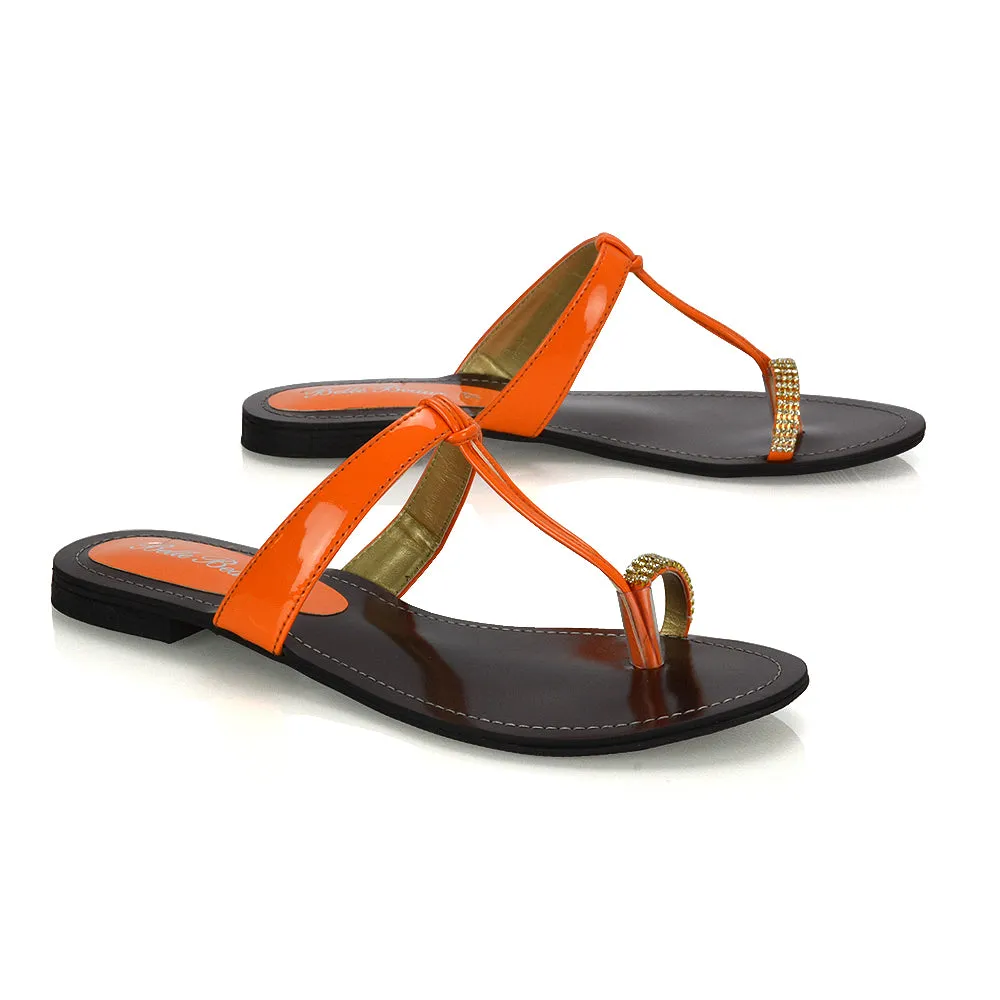 Lala Flat Strappy Diamante Detail Toe Ring Slider Summer Sandals in Orange