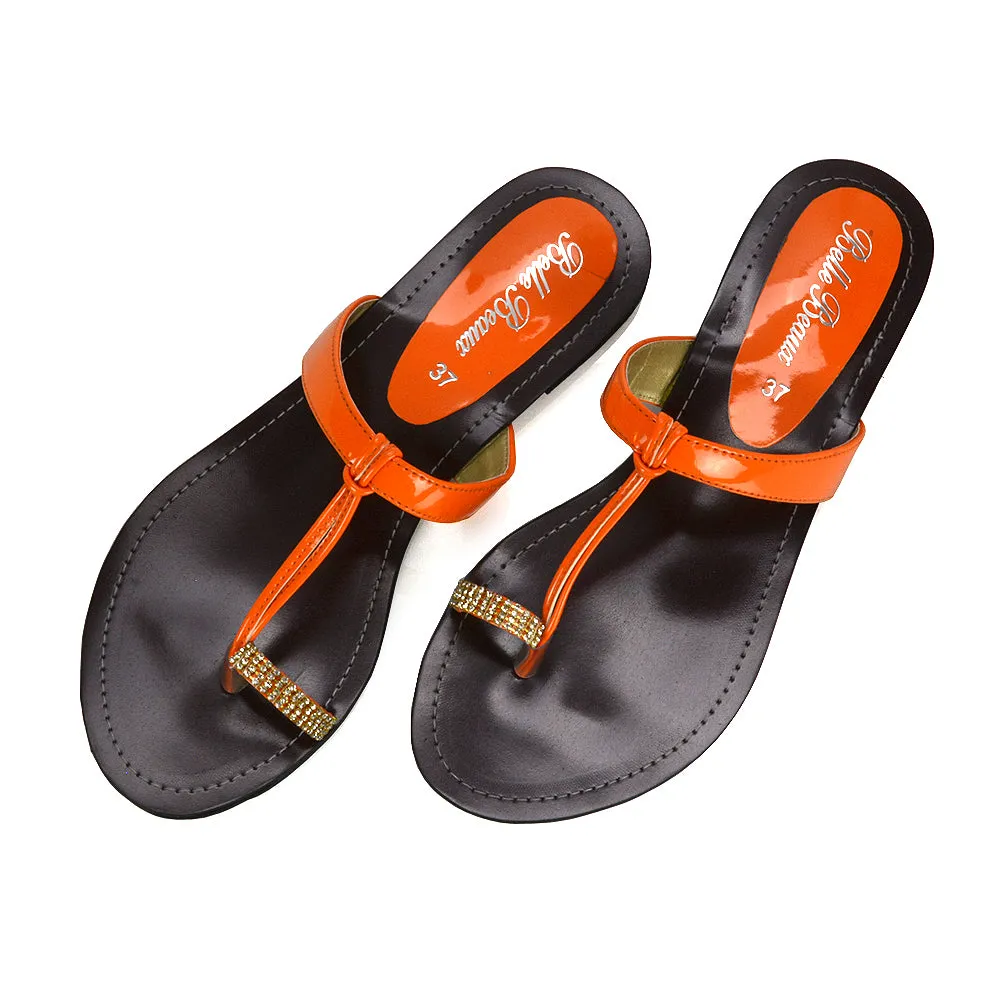 Lala Flat Strappy Diamante Detail Toe Ring Slider Summer Sandals in Orange