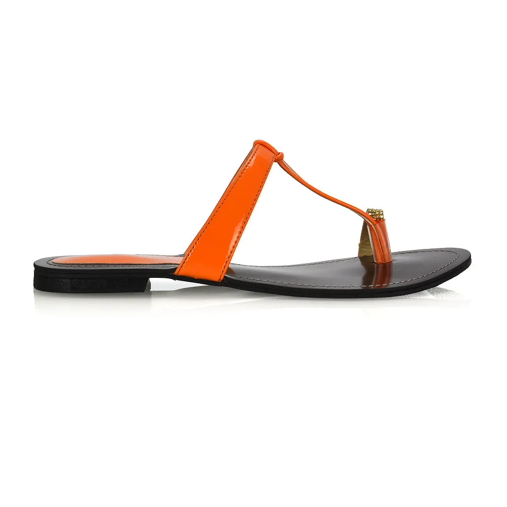 Lala Flat Strappy Diamante Detail Toe Ring Slider Summer Sandals in Orange