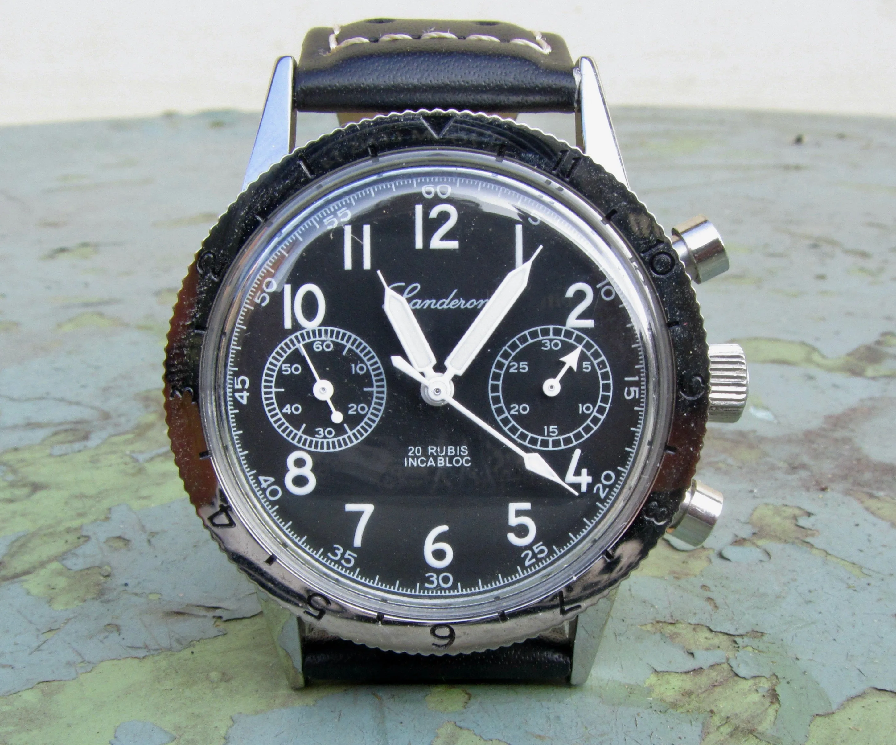 Landeron Type 20 Chronograph Watch In Black Leather and Stainless Steel