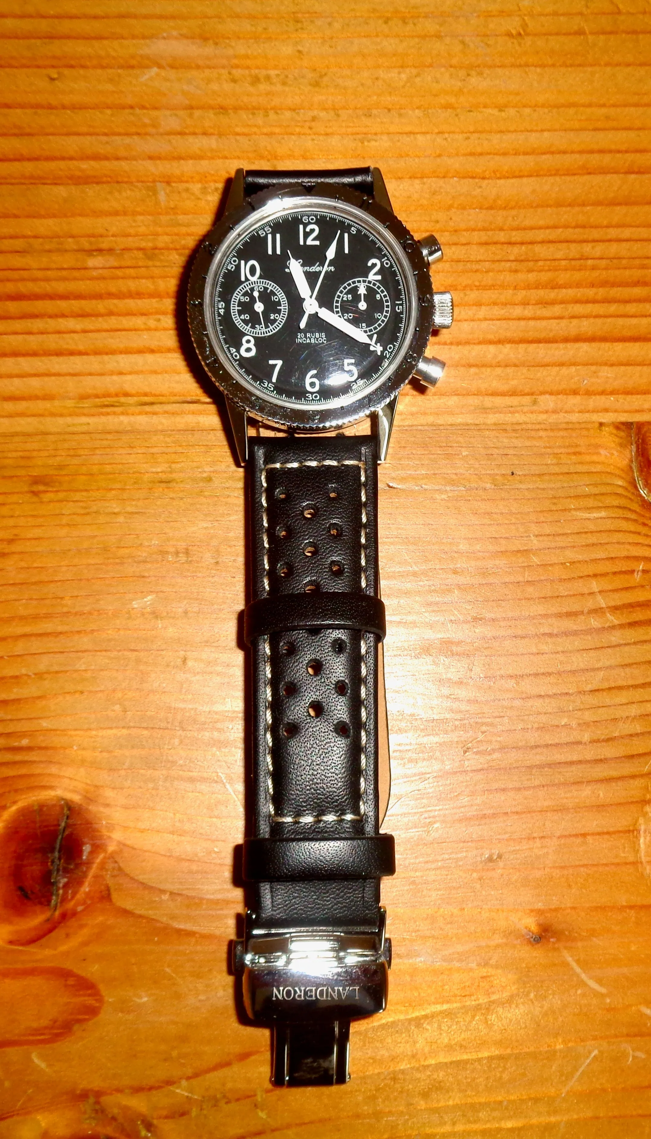 Landeron Type 20 Chronograph Watch In Black Leather and Stainless Steel