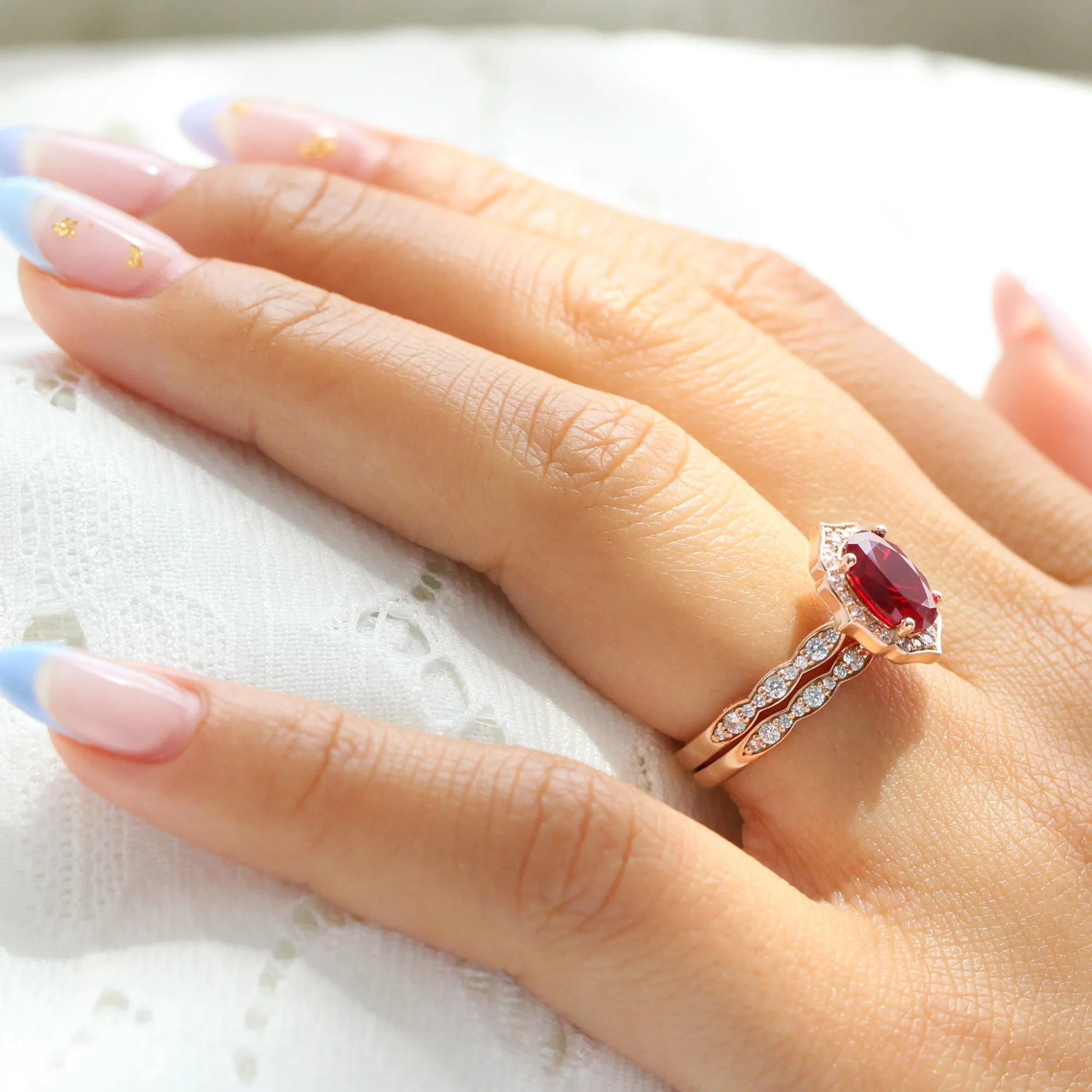 Large Vintage Floral Oval Ruby Ring Set w/ Scalloped Diamond Wedding Band