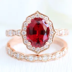 Large Vintage Floral Oval Ruby Ring Set w/ Scalloped Diamond Wedding Band