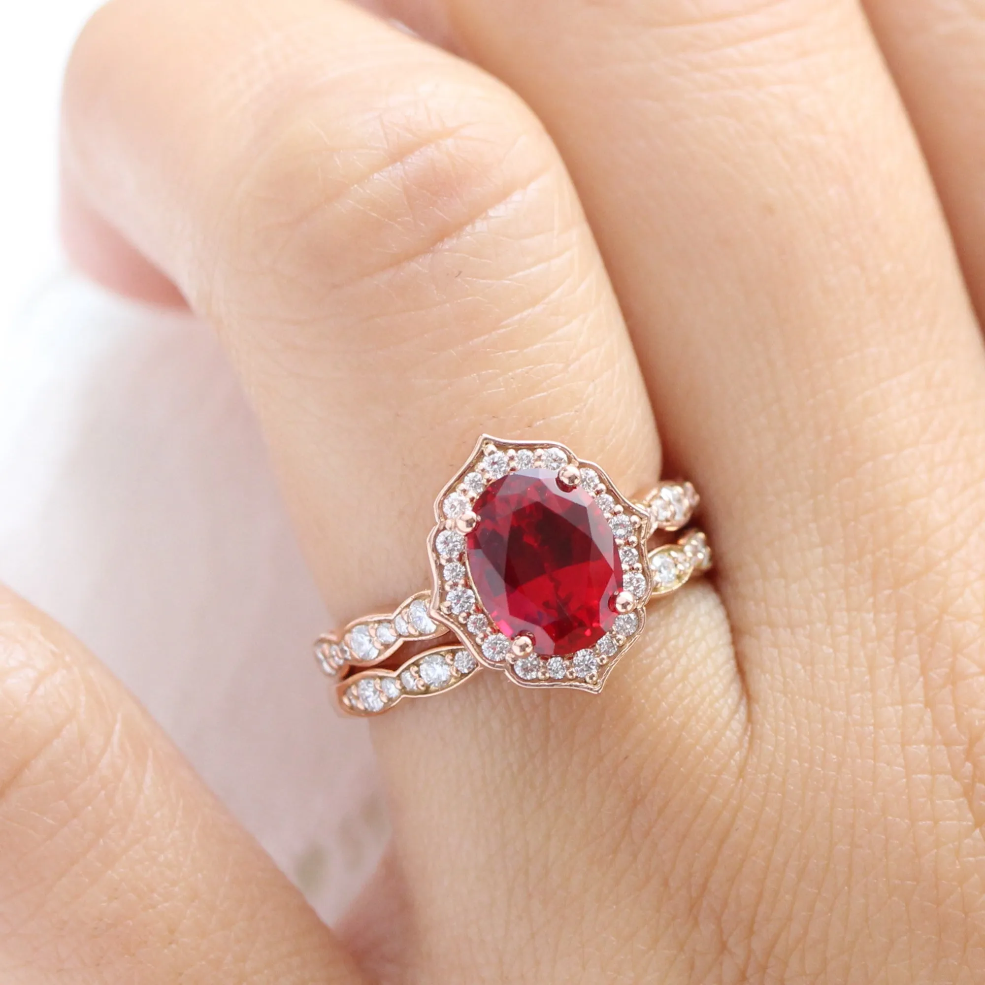 Large Vintage Floral Oval Ruby Ring Set w/ Scalloped Diamond Wedding Band