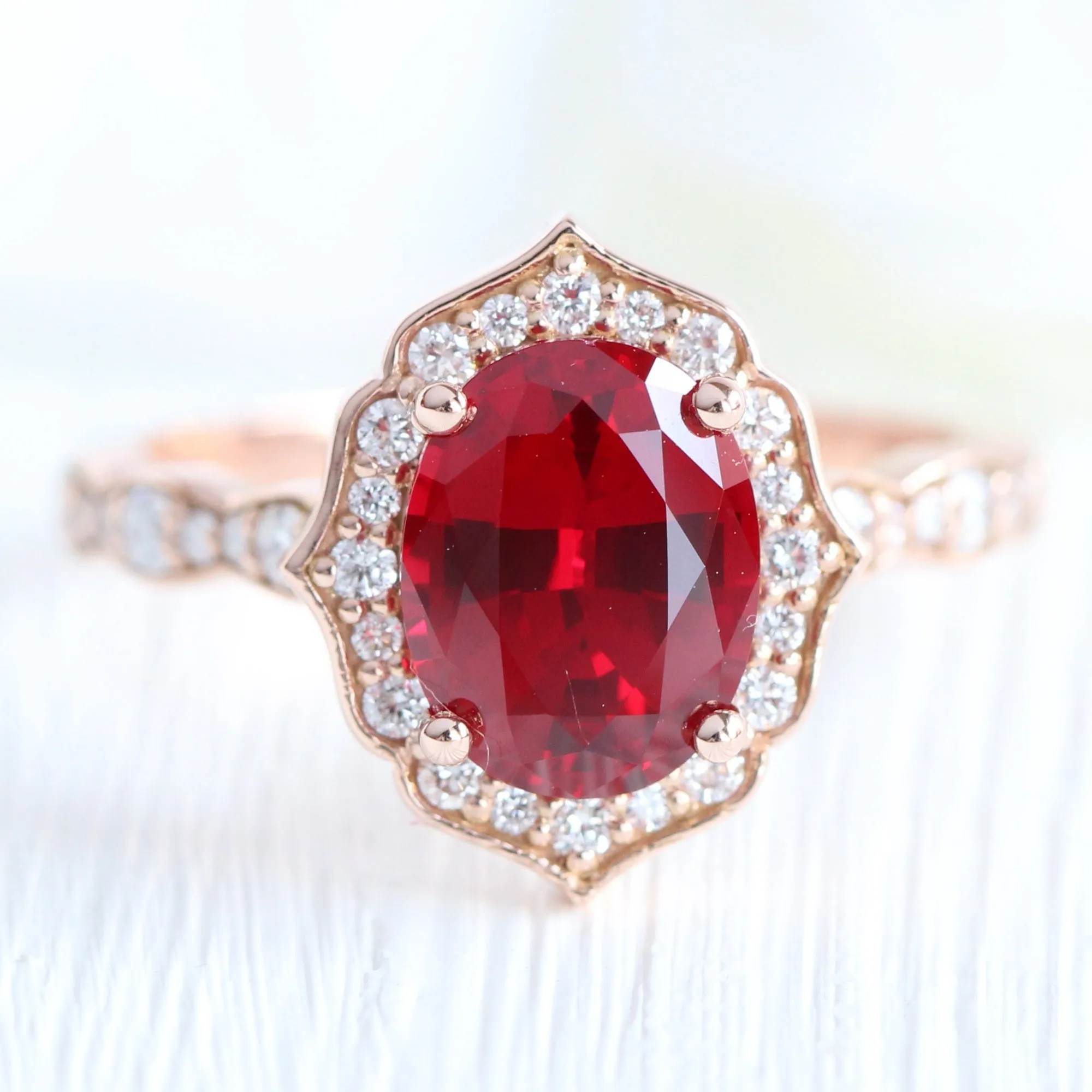 Large Vintage Floral Oval Ruby Ring Set w/ Scalloped Diamond Wedding Band