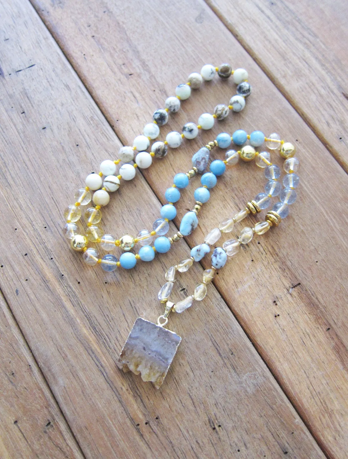 Larimar, Opal, Citrine Mala Necklace with Citrine Stalactite Pendant - Pisces Birthstone