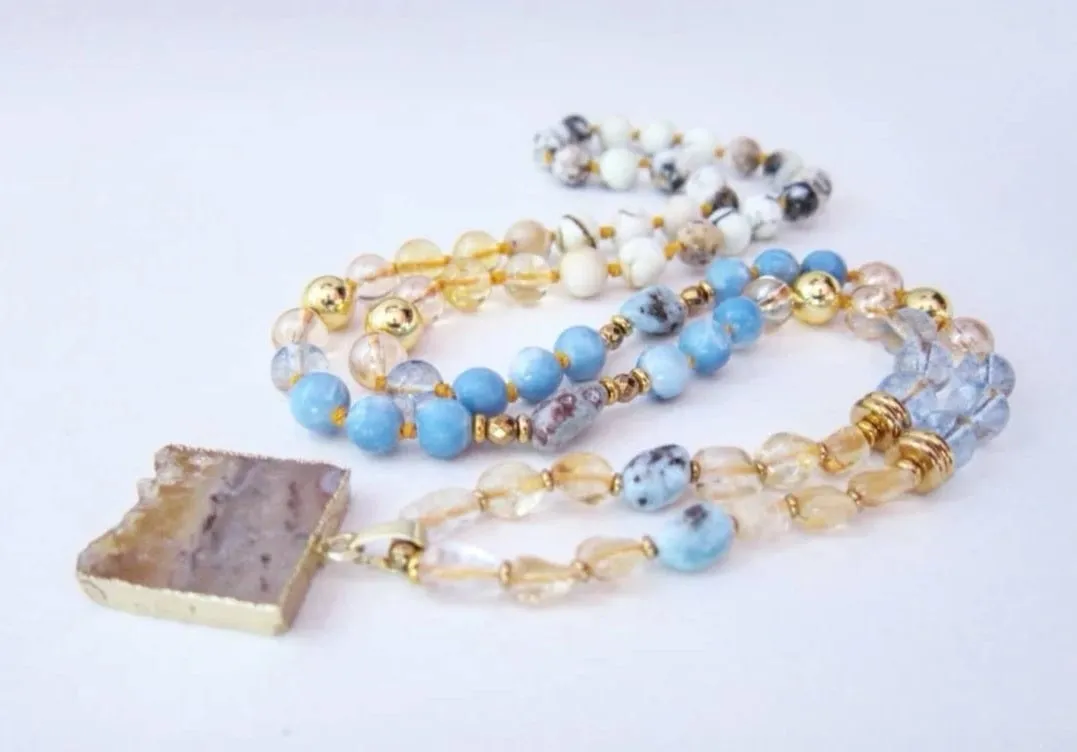 Larimar, Opal, Citrine Mala Necklace with Citrine Stalactite Pendant - Pisces Birthstone