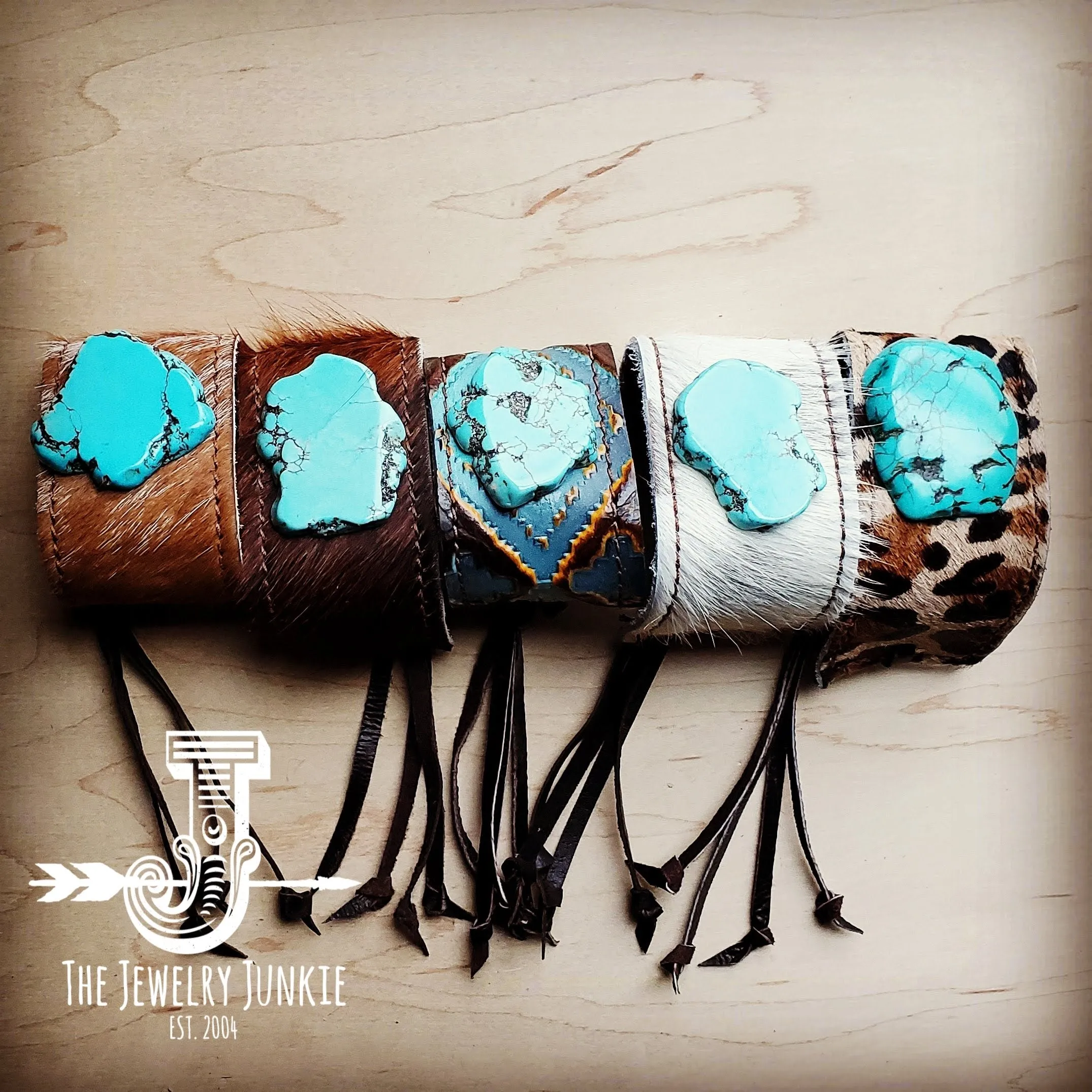 **Leather Cuff w/ Leather Tie-Dark Brown Hide and Turquoise Slab (011p)