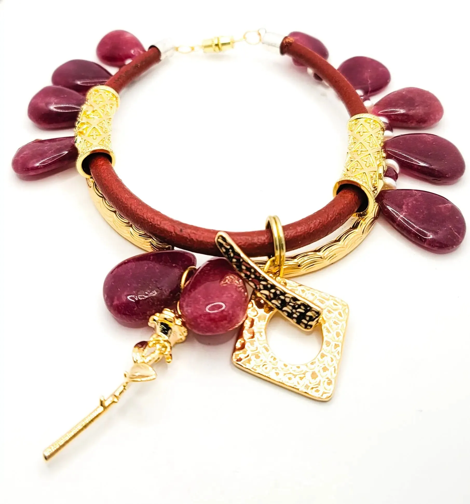 leather gemstone bracelet with Natural Ruby stones