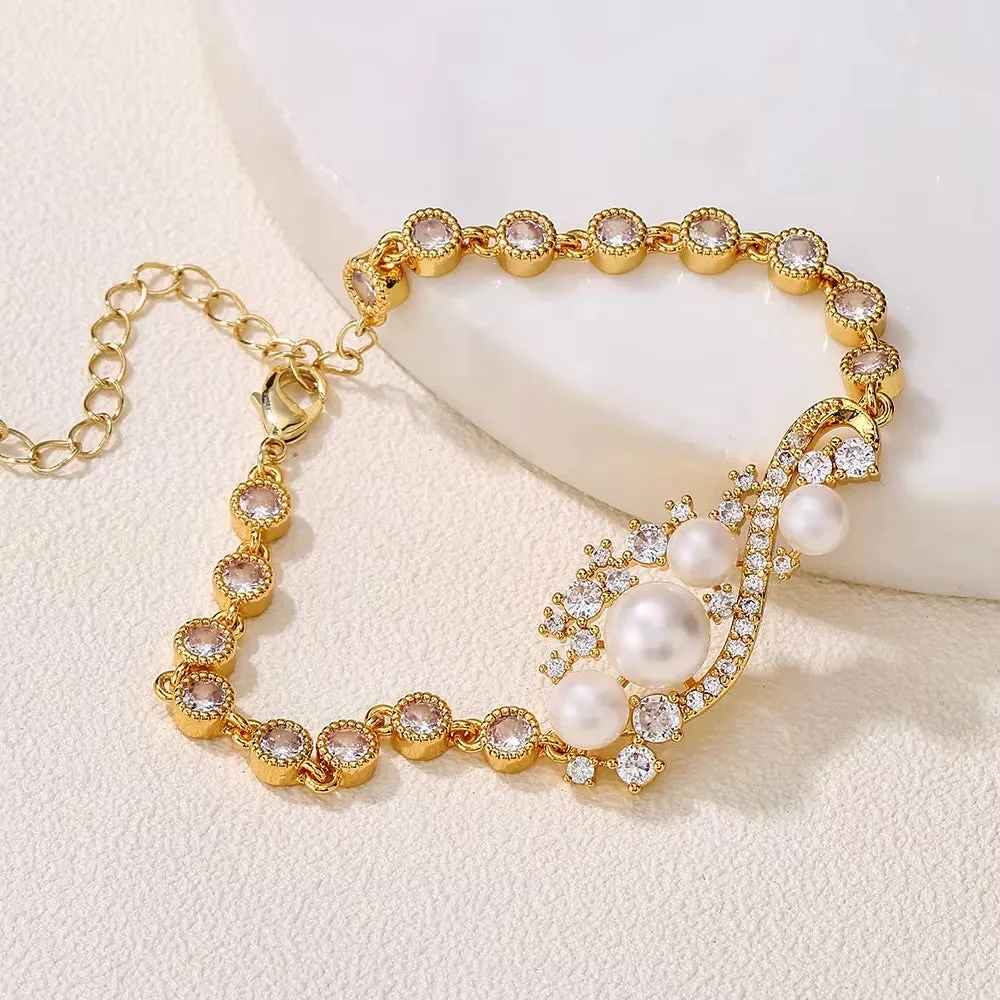 Lenora - Pearl and Cubic Zirconia Bridal Bracelet - Available in Silver and Gold