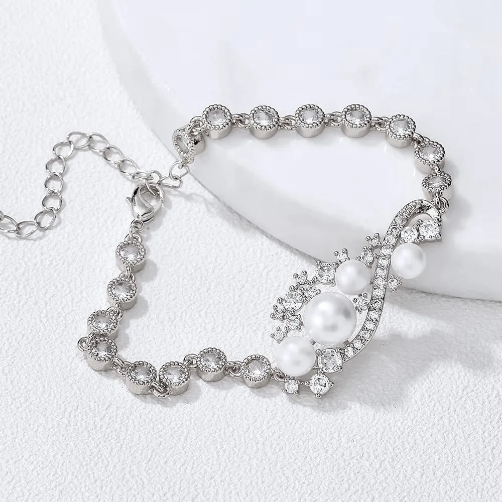 Lenora - Pearl and Cubic Zirconia Bridal Bracelet - Available in Silver and Gold