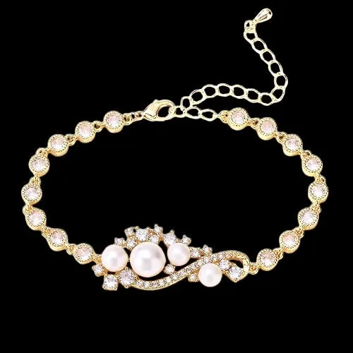 Lenora - Pearl and Cubic Zirconia Bridal Bracelet - Available in Silver and Gold