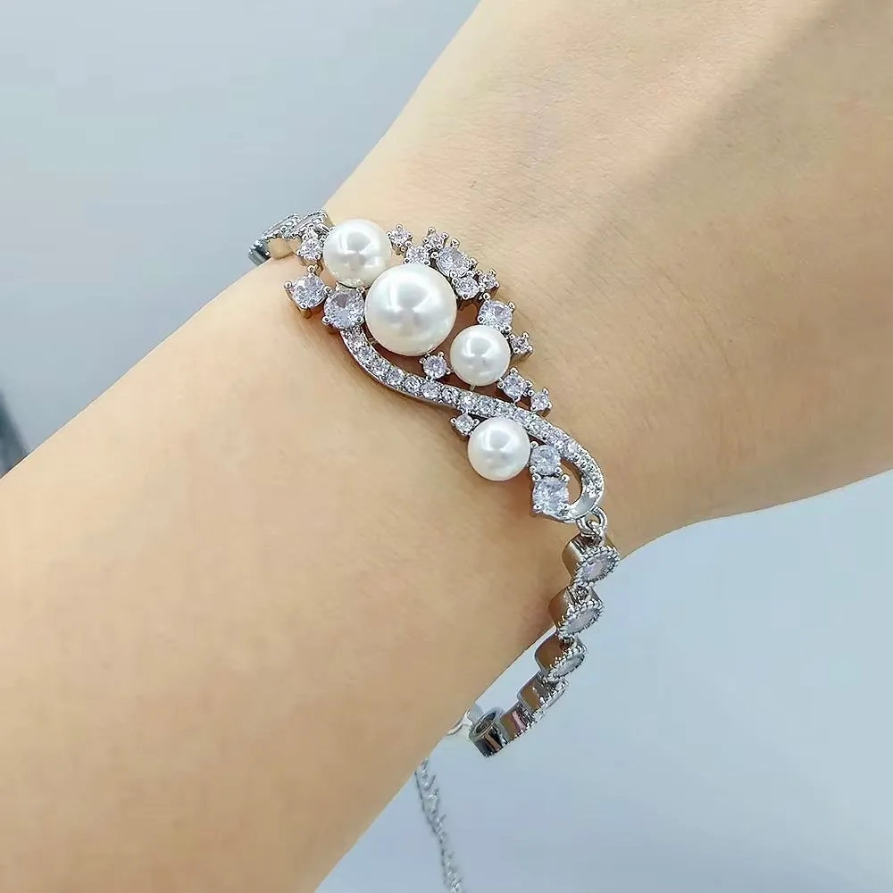 Lenora - Pearl and Cubic Zirconia Bridal Bracelet - Available in Silver and Gold