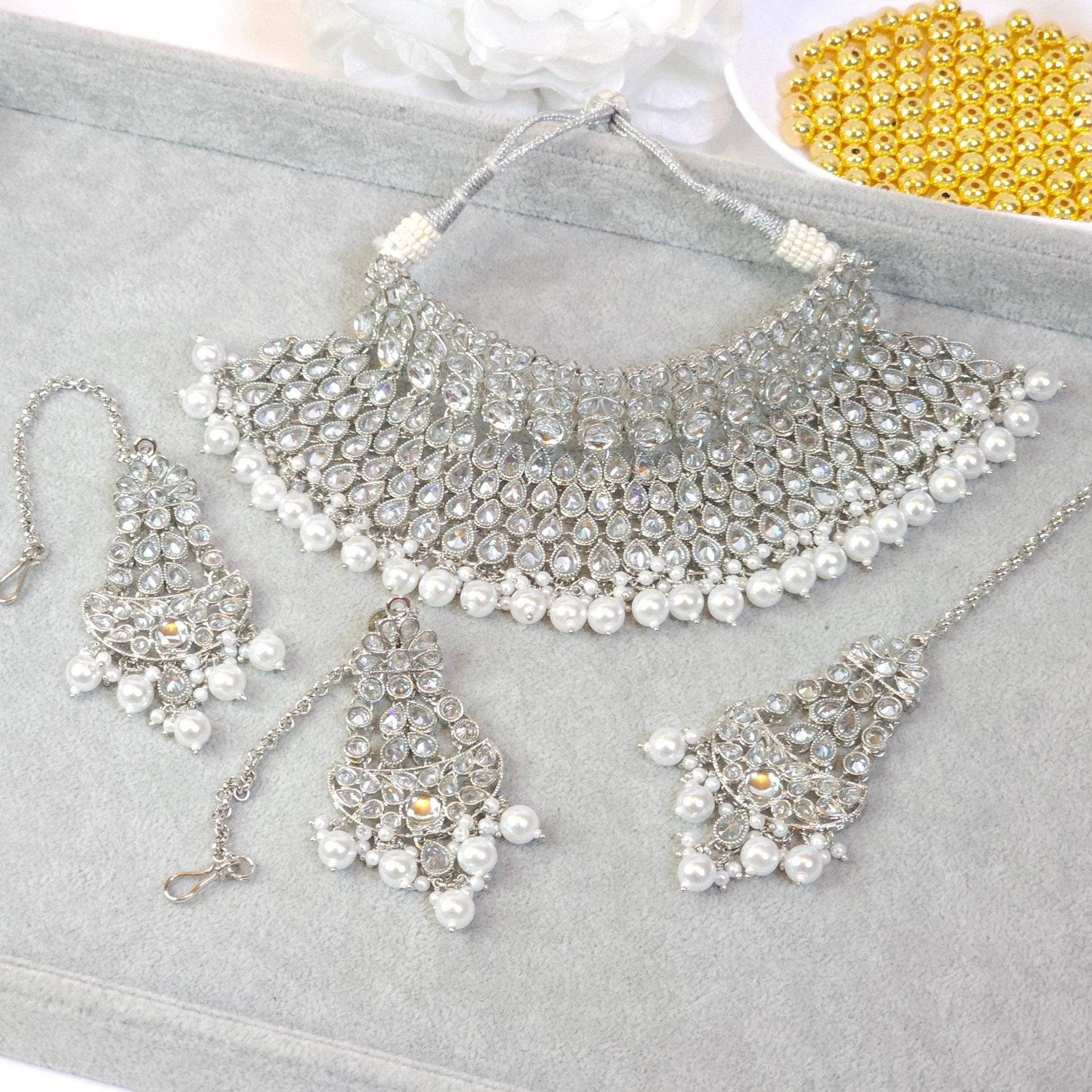 Mahjabin - Silver Polki Bridal Choker Set