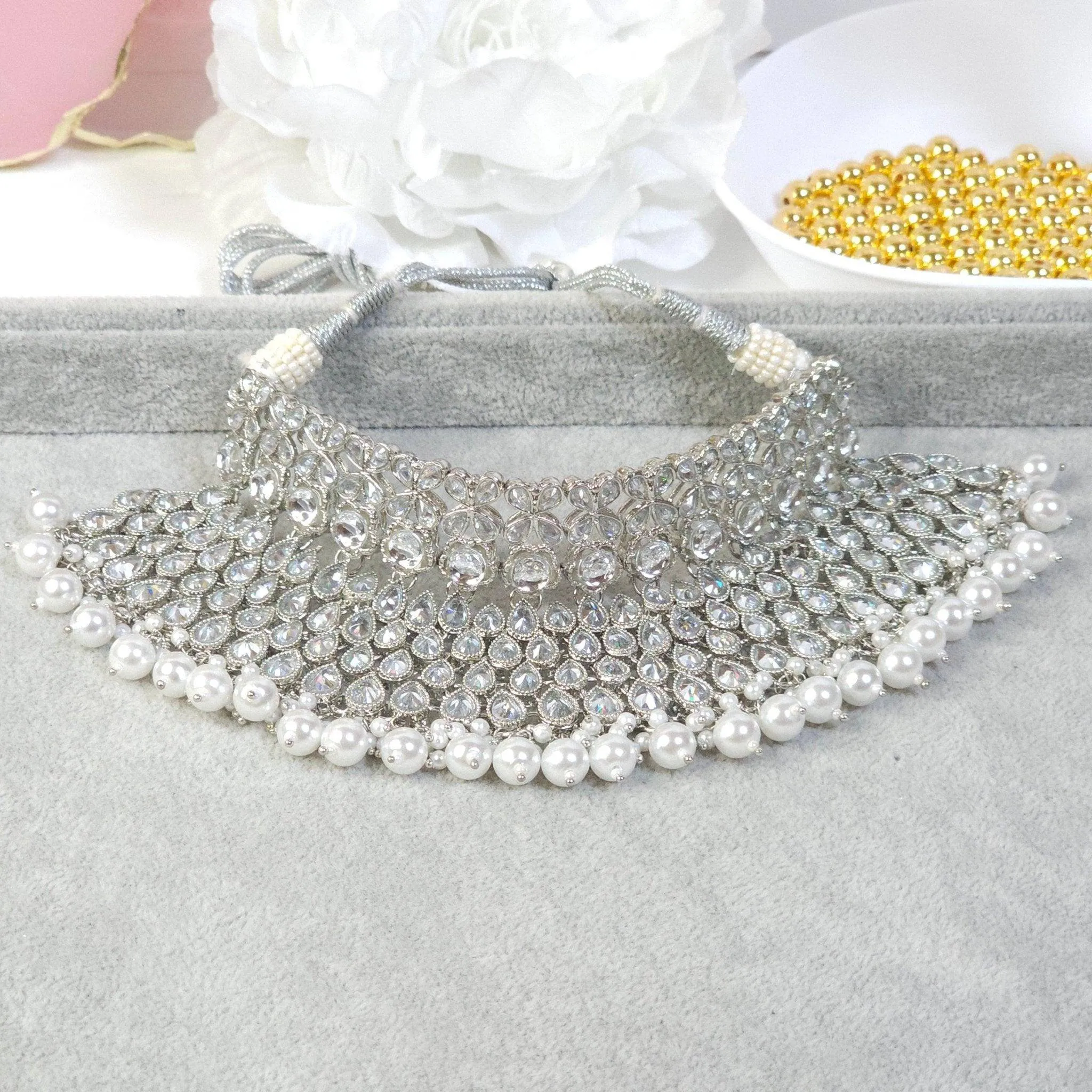 Mahjabin - Silver Polki Bridal Choker Set