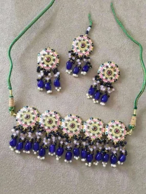 Meena Round Colored Choker Earring And Teeka Set