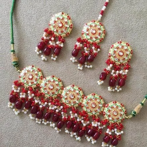 Meena Round Colored Choker Earring And Teeka Set