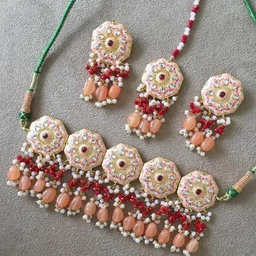 Meena Round Colored Choker Earring And Teeka Set