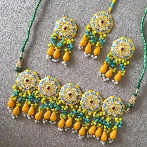 Meena Round Colored Choker Earring And Teeka Set