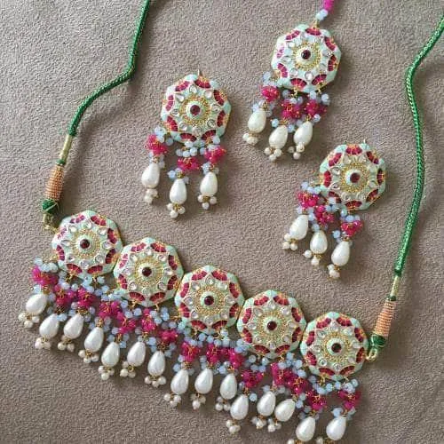 Meena Round Colored Choker Earring And Teeka Set