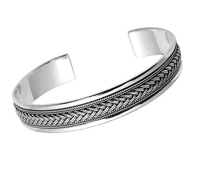 Men's Silver Bangle | Braided Sterling Silver Cuff Bangle for Men