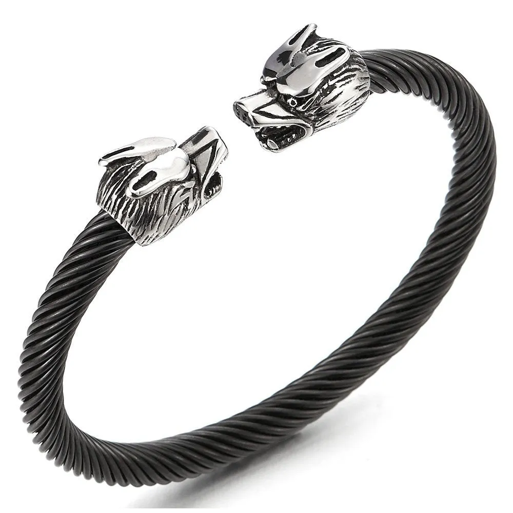 Mens Wolf Bracelet Stainless Steel Bangle Cuff Bracelet Silver Color Polished