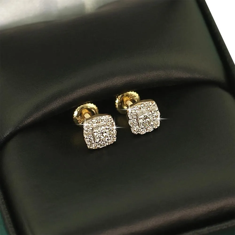 Mini Cushion Halo Diamond Earrings .33cttw 10K Yellow Gold