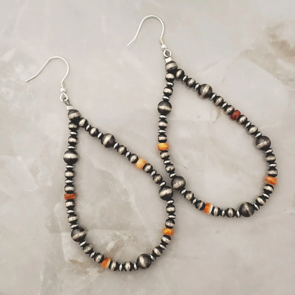 Mixed Navajo Pearls & Orange Spiny Oyster Tear Drop Dangle Earrings Sterling Silver NPE006