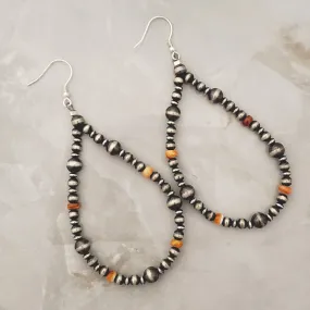 Mixed Navajo Pearls & Orange Spiny Oyster Tear Drop Dangle Earrings Sterling Silver NPE006