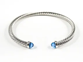 Modern Thin Cable Wire Texture With Dainty Blue Crystal Duo Ends Brass Cuff Bangle