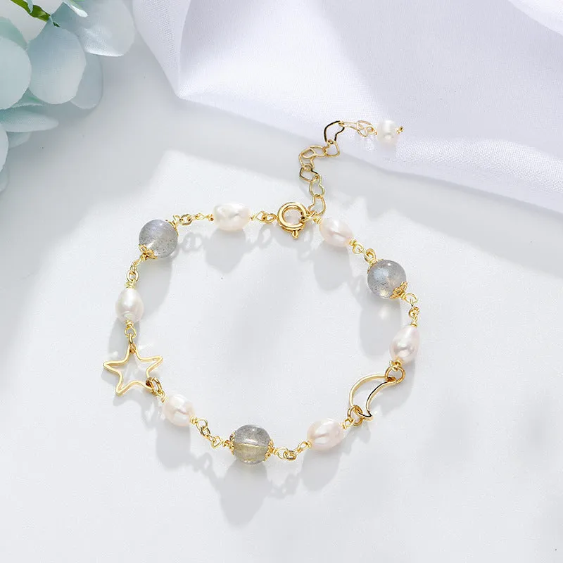 Moonlight Shimmer Natural Crystal and Pearl Sterling Silver Bracelet