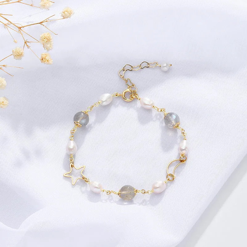 Moonlight Shimmer Natural Crystal and Pearl Sterling Silver Bracelet