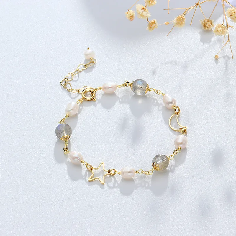 Moonlight Shimmer Natural Crystal and Pearl Sterling Silver Bracelet