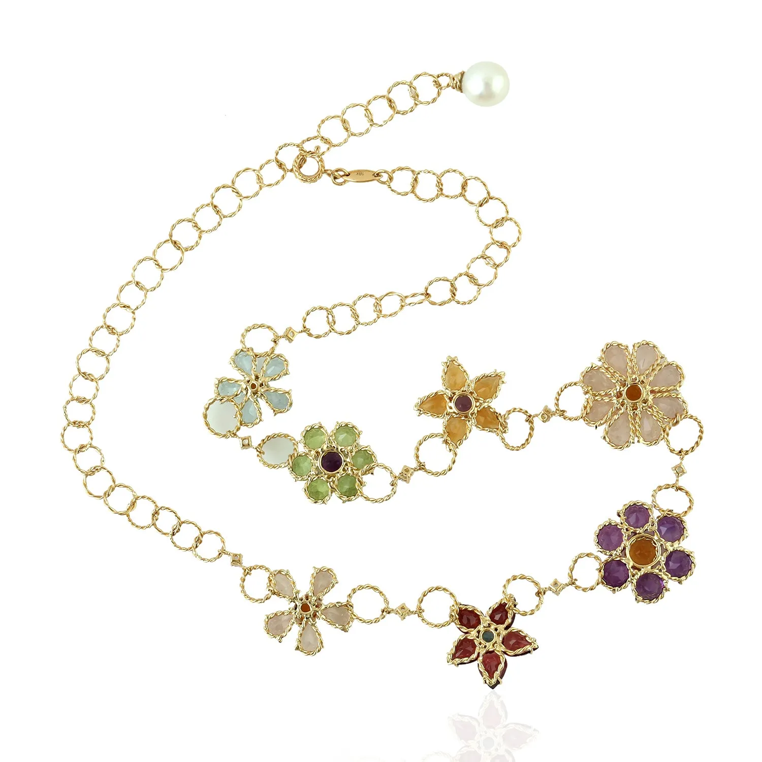 Morganite Citrine Aquamarine Sapphire Multi Gemstone Flower Princess Necklace Made In 18K Gold