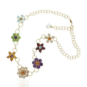 Morganite Citrine Aquamarine Sapphire Multi Gemstone Flower Princess Necklace Made In 18K Gold