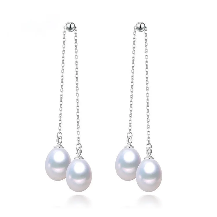 Movable Chain Double Freshwater Pearl Dangling Earrings 925 Sterling Silver Sitting