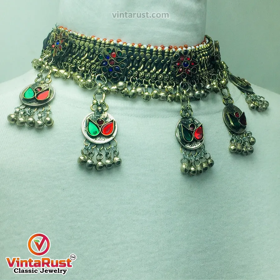 Multicolor Glass Stones Silver Kuchi Bells Jewelry Set