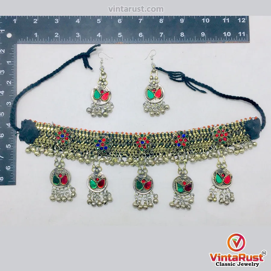 Multicolor Glass Stones Silver Kuchi Bells Jewelry Set