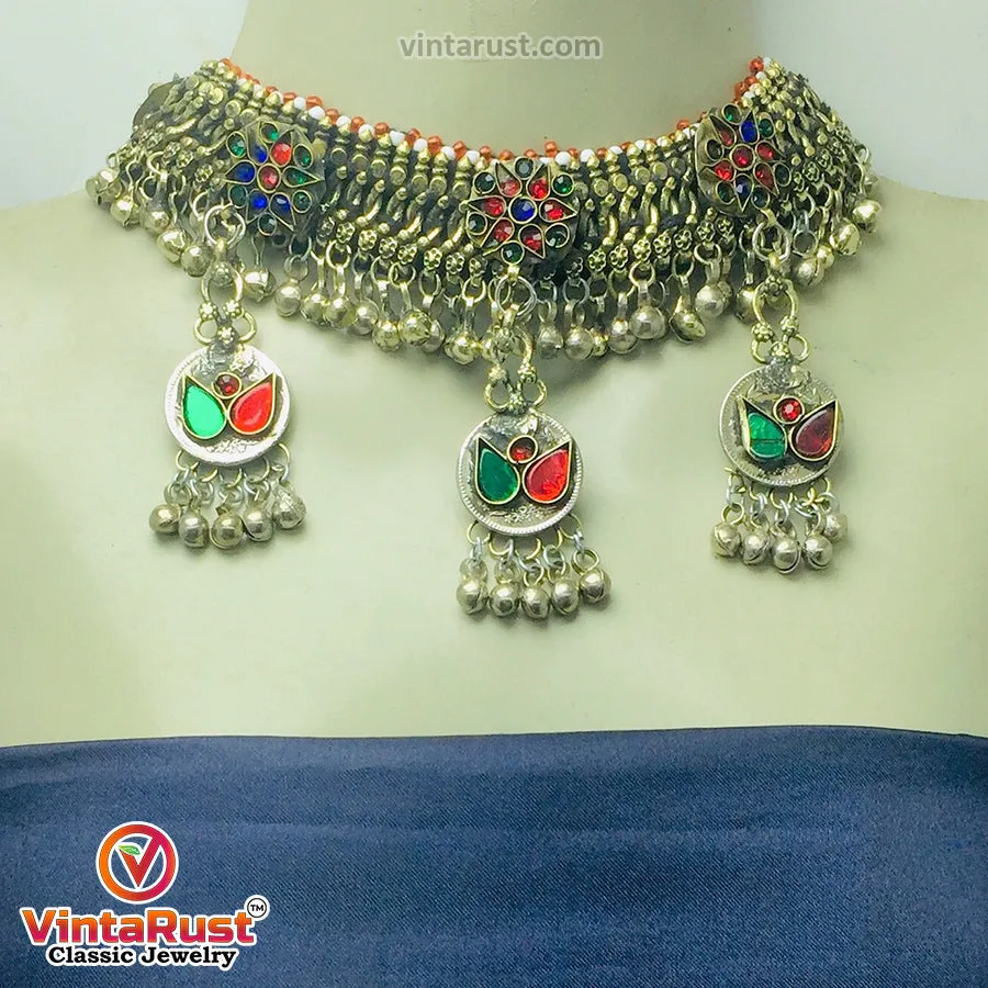 Multicolor Glass Stones Silver Kuchi Bells Jewelry Set