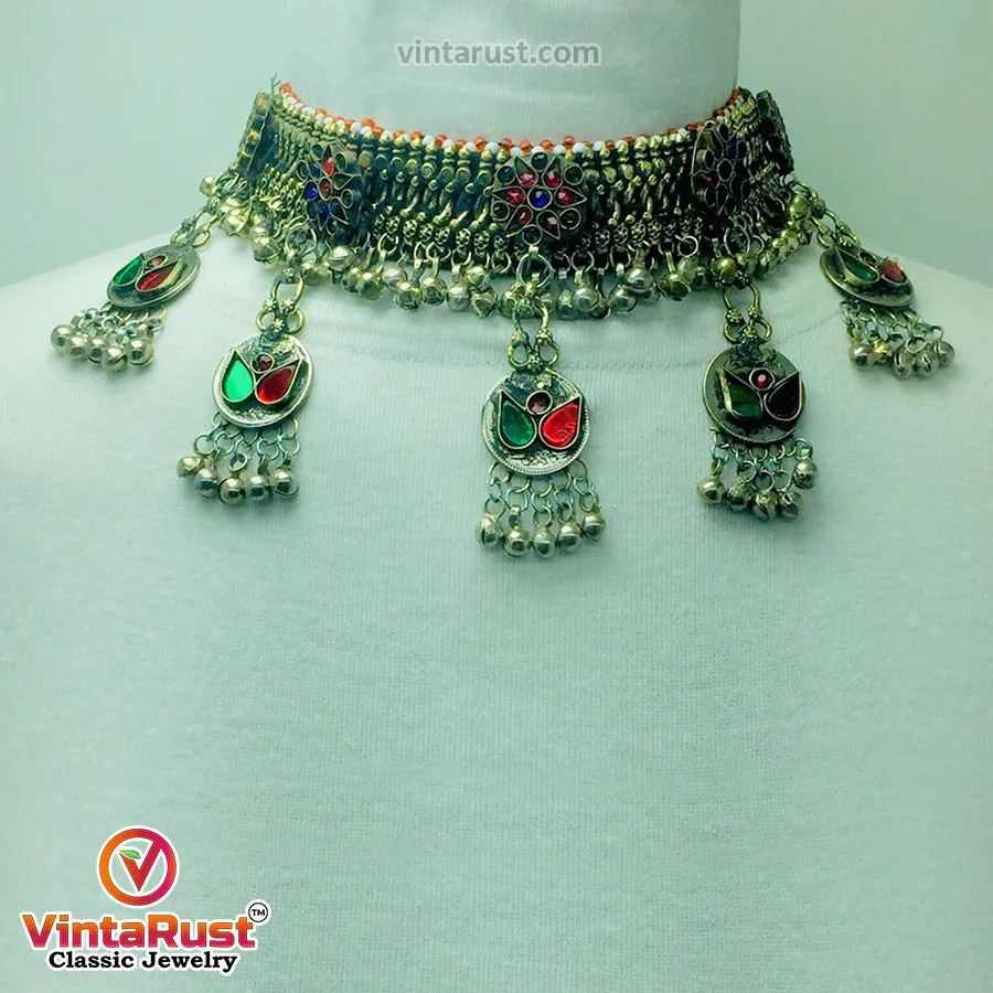 Multicolor Glass Stones Silver Kuchi Bells Jewelry Set