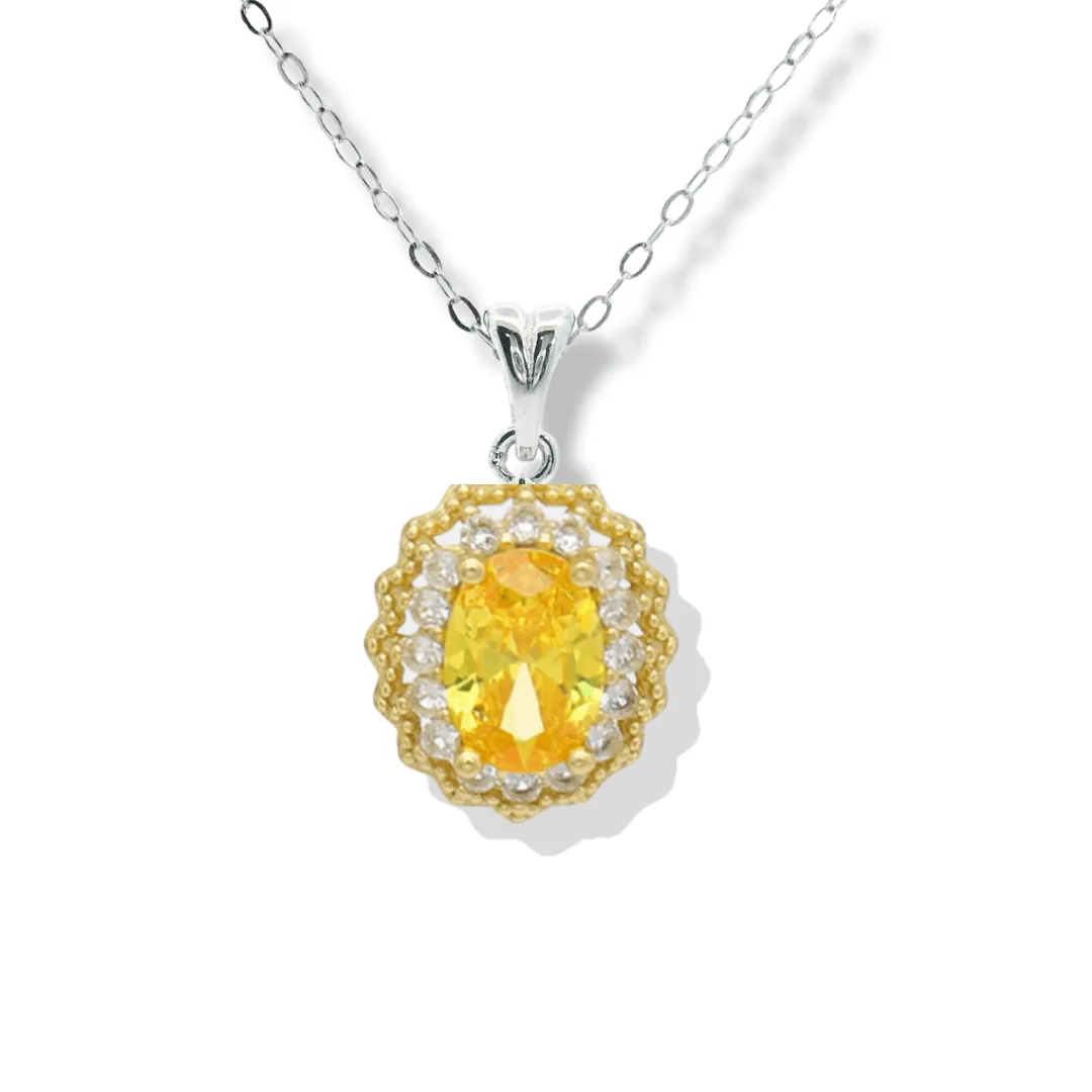 Natural Citrine Halo Pendant Necklace