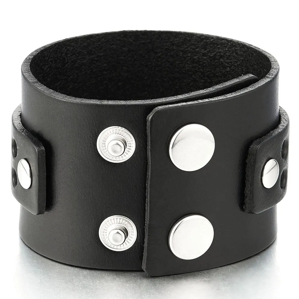 New Mens Wide Leather Bracelet Genuine Leather Bangle Bracelet Wristband with Rivets and Buckle