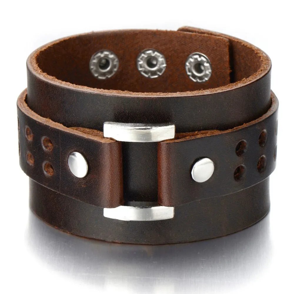 New Mens Wide Leather Bracelet Genuine Leather Bangle Bracelet Wristband with Rivets and Buckle